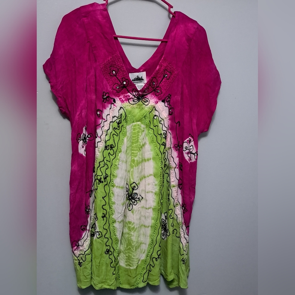 Metropolitan Boho Tie Dye  Vibrant Pink and Green Women's Rayon Sun Dress 2X